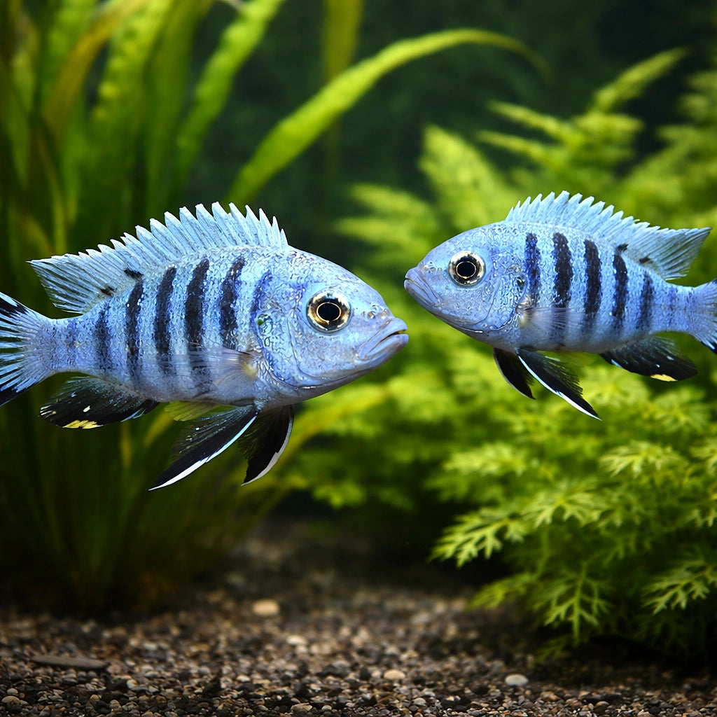 Nyasa Blue Cichlid, Zebra M — tropical fish for sale UK — AI pair planted view