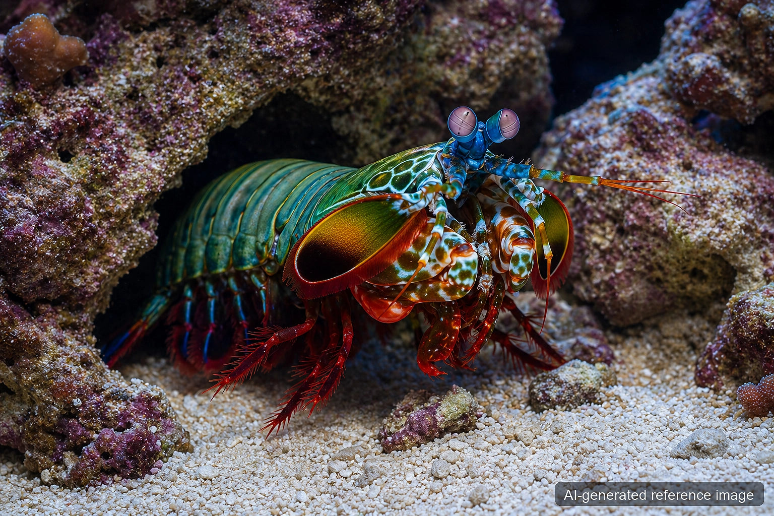 Peacock Mantis Shrimp Odontodactylus scyllarus with colourful raptorial forelimbs in reef aquarium - AI-generated reference image