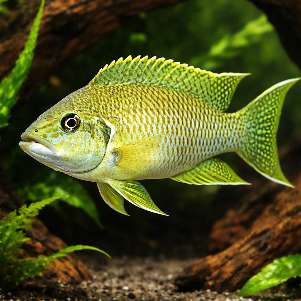 Olive Lamprologus — tropical fish for sale UK — AI hero driftwood view