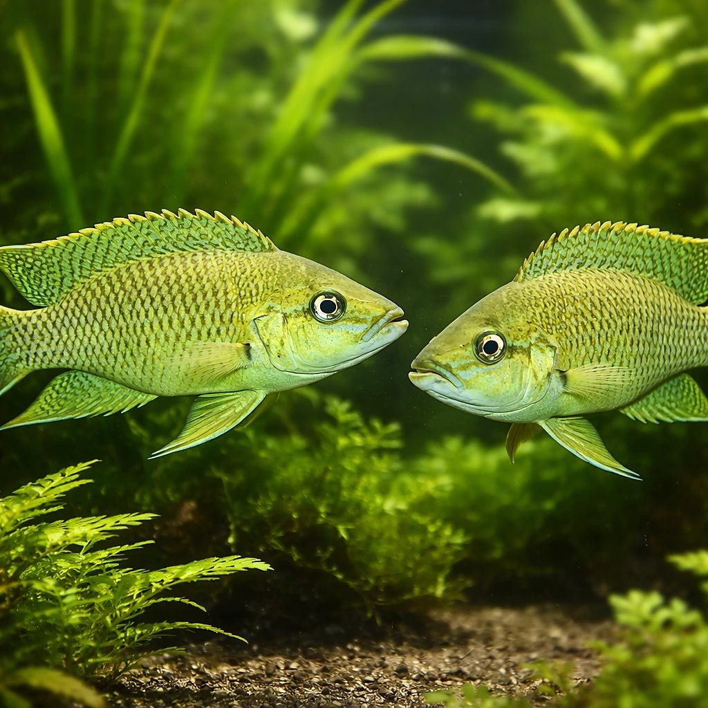 Olive Lamprologus — tropical fish for sale UK — AI pair planted view