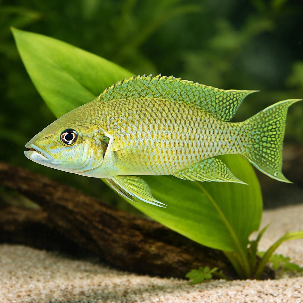 Olive Lamprologus — tropical fish for sale UK — AI scale plant view