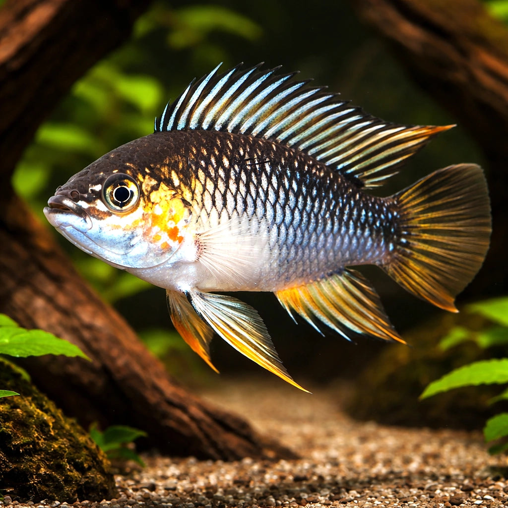 Opal Dwarf Cichlid — tropical fish for sale UK — AI hero driftwood view