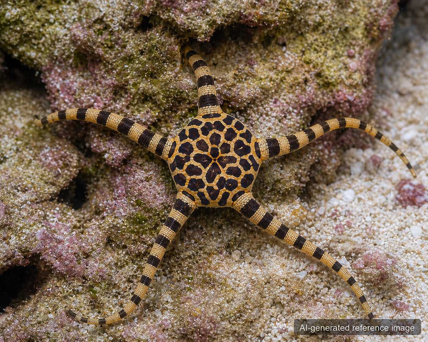 Ophiolepis superba banded brittle star on reef rock - AI-generated reference image