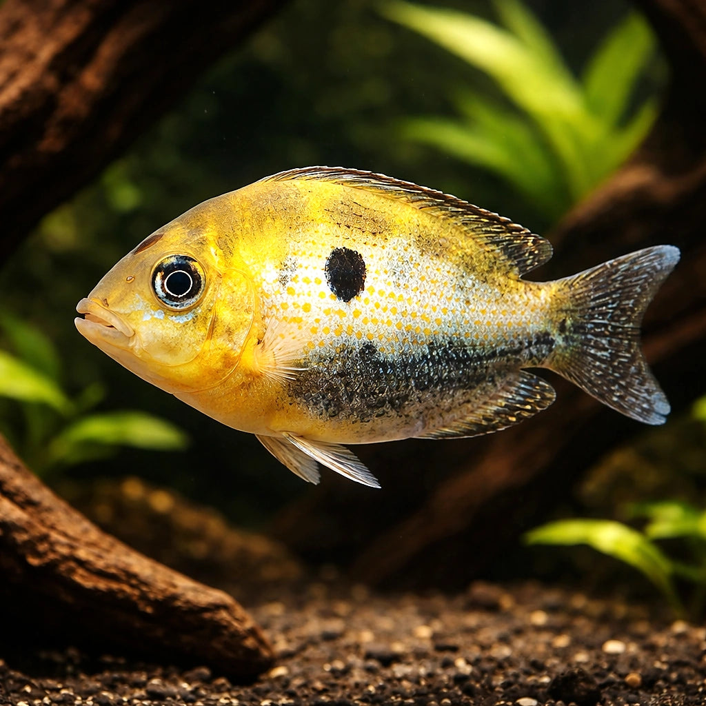 Orange Chromide — tropical fish for sale UK — AI hero driftwood view