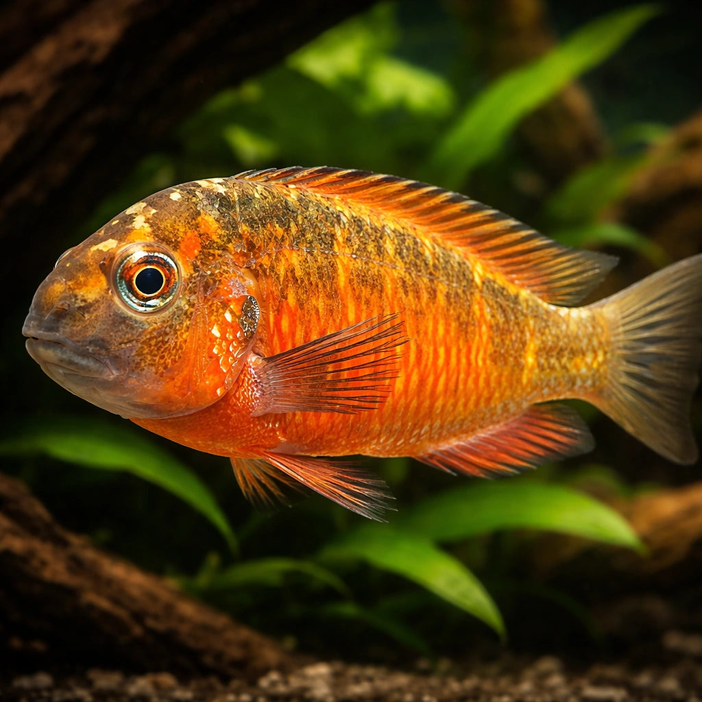orange fire craker — Blunthead Cichlid (Tropheus moorii) — AI hero driftwood view
