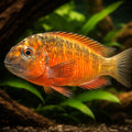 orange fire craker — Blunthead Cichlid (Tropheus moorii) — AI hero driftwood view