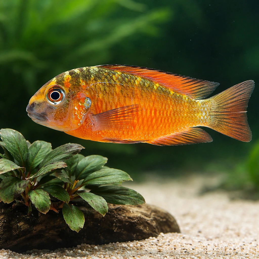 orange fire craker — Blunthead Cichlid (Tropheus moorii) — AI scale plant view