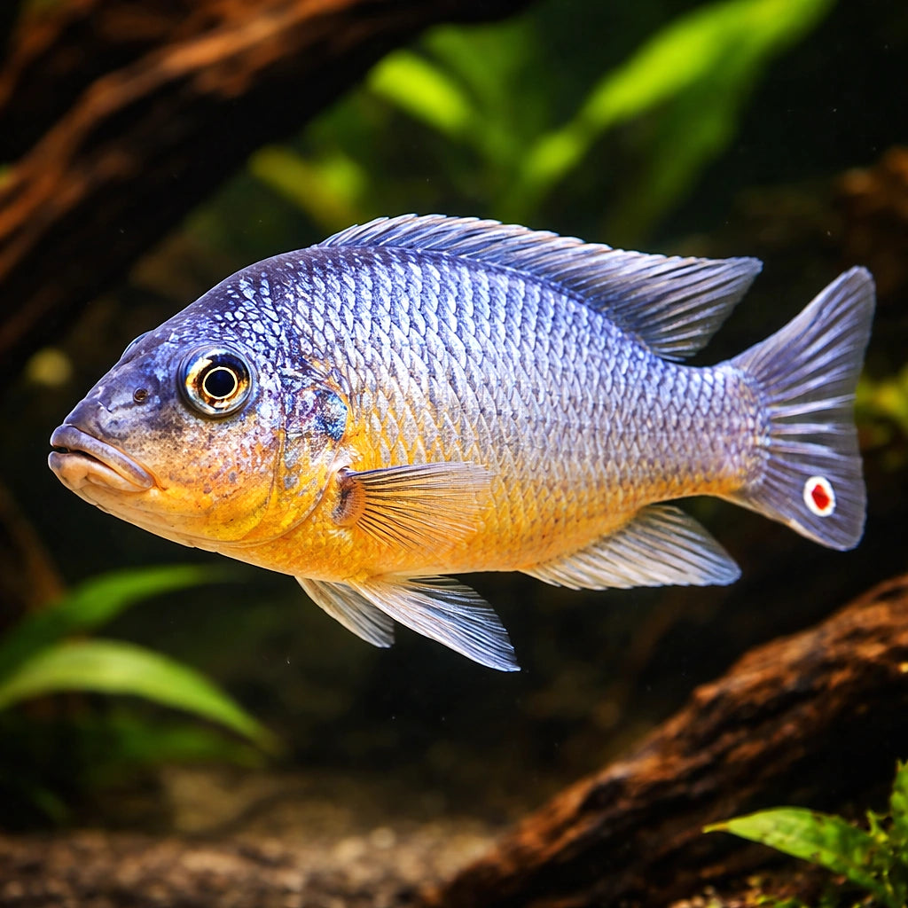 Orange Petrotilapia — tropical fish for sale UK — AI hero driftwood view