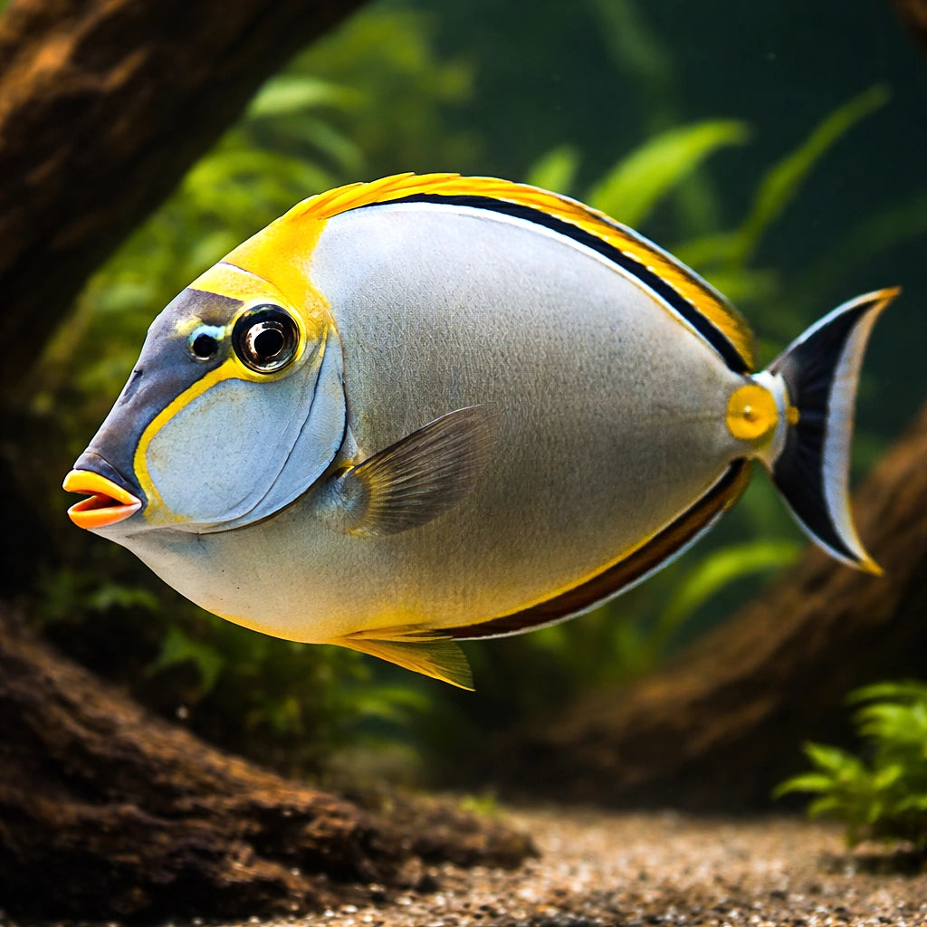 Orangespine Unicornfish M — tropical fish for sale UK — AI hero driftwood view