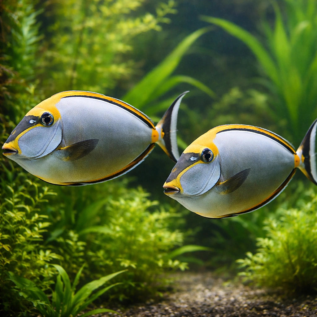 Orangespine Unicornfish M — tropical fish for sale UK — AI pair planted view