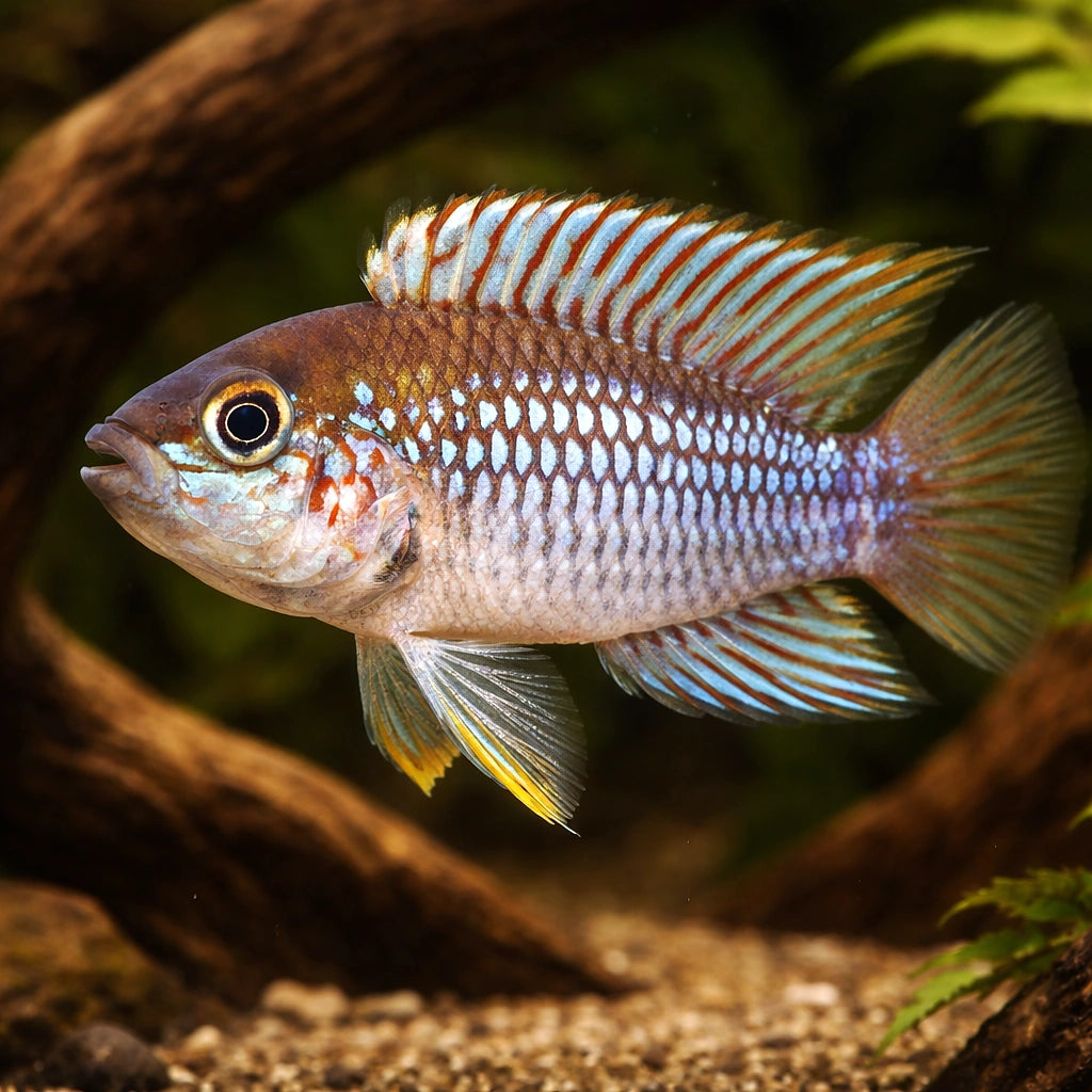 Paebas Dwarf Cichlid — tropical fish for sale UK — AI hero driftwood view