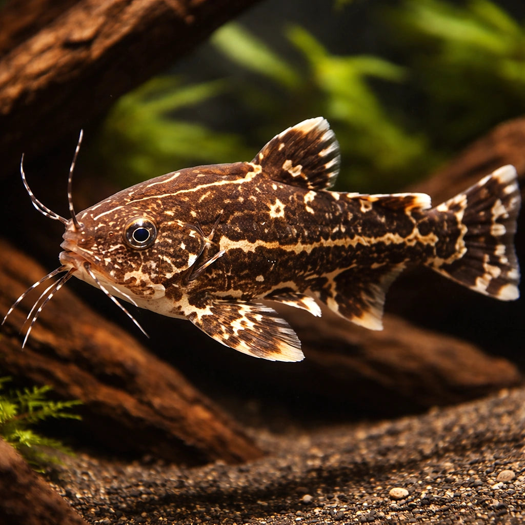 Painted Talking Catfish — tropical fish for sale UK — AI hero driftwood view