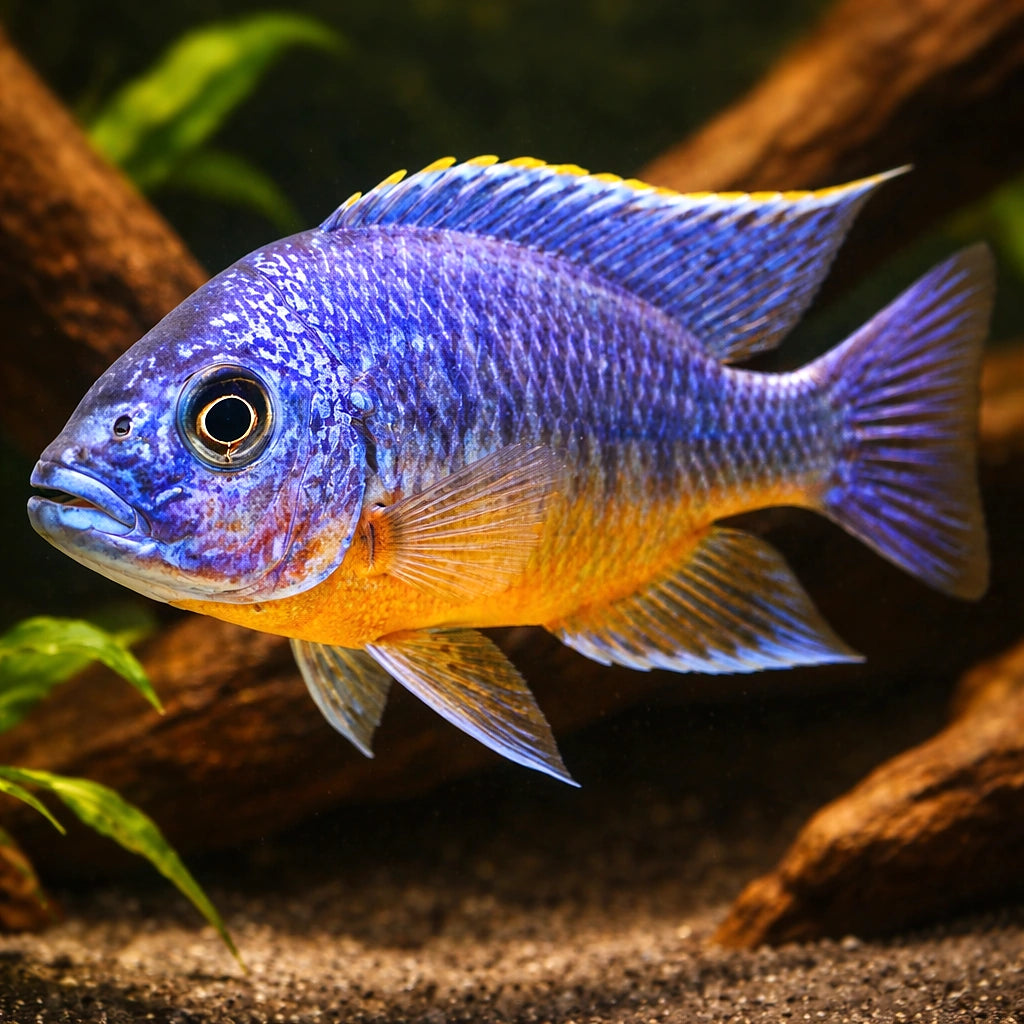 Pale Usisya aulonocara — tropical fish for sale UK — AI hero driftwood view