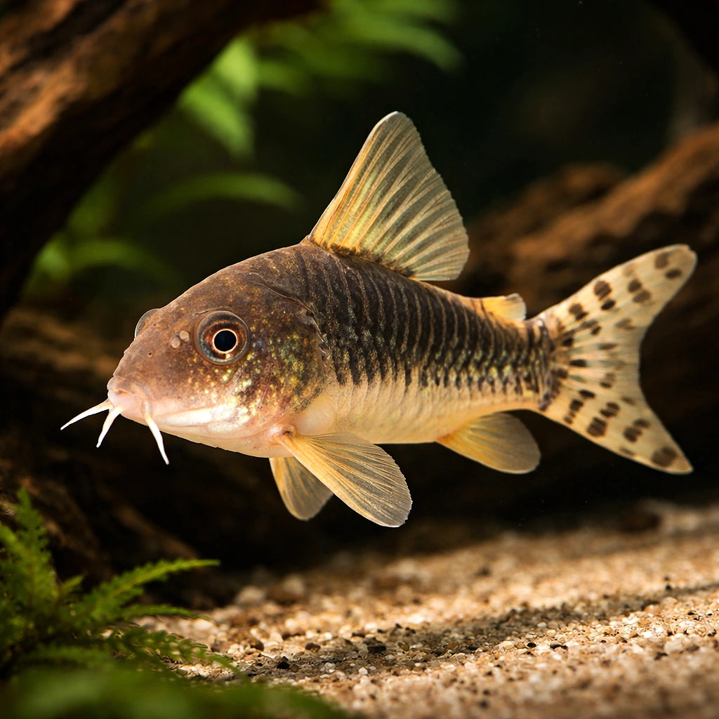 Palespotted Corydoras — tropical fish for sale UK — AI hero driftwood view
