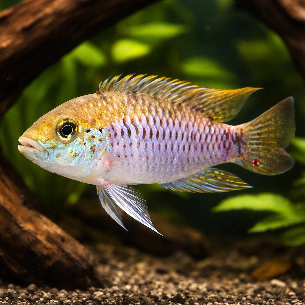 Pantanal Dwarf Cichlid — tropical fish for sale UK — AI hero driftwood view