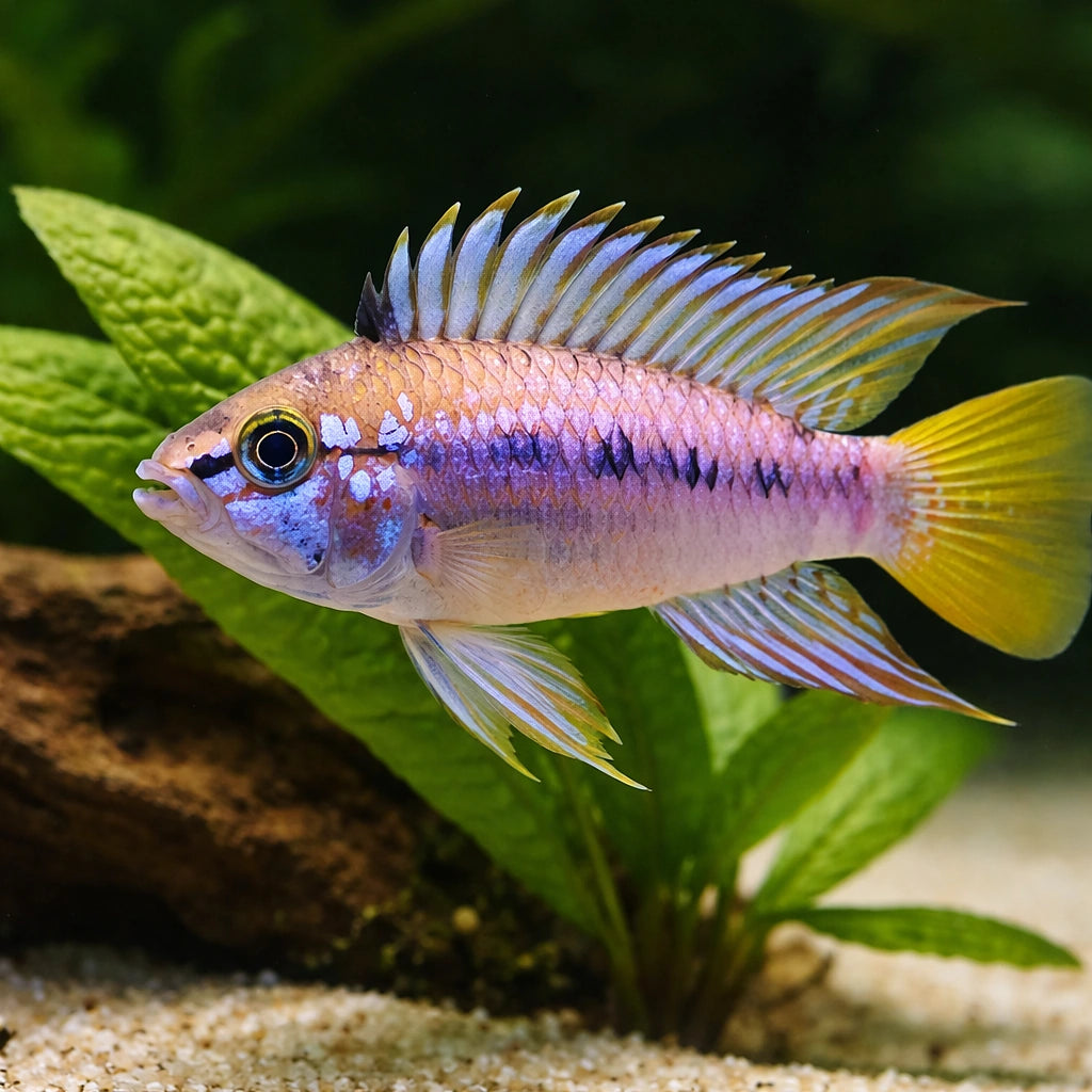 Papagalo Dwarf Cichlid — tropical fish for sale UK — AI scale plant view