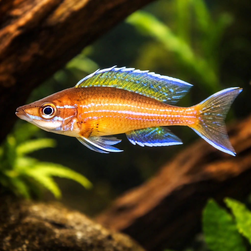 Paracyprichromis blue neon S — tropical fish for sale UK — AI hero driftwood view