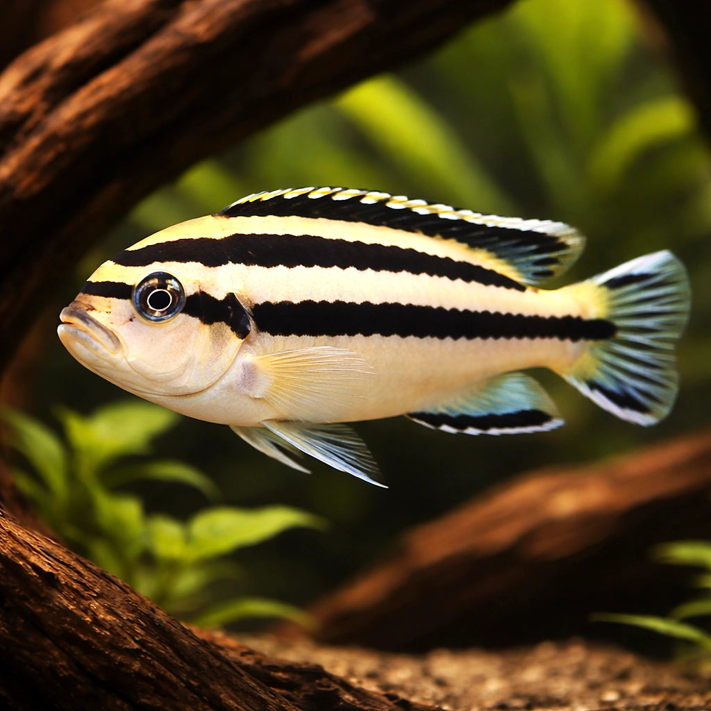 Parallel striped mbuna — tropical fish for sale UK — AI hero driftwood view