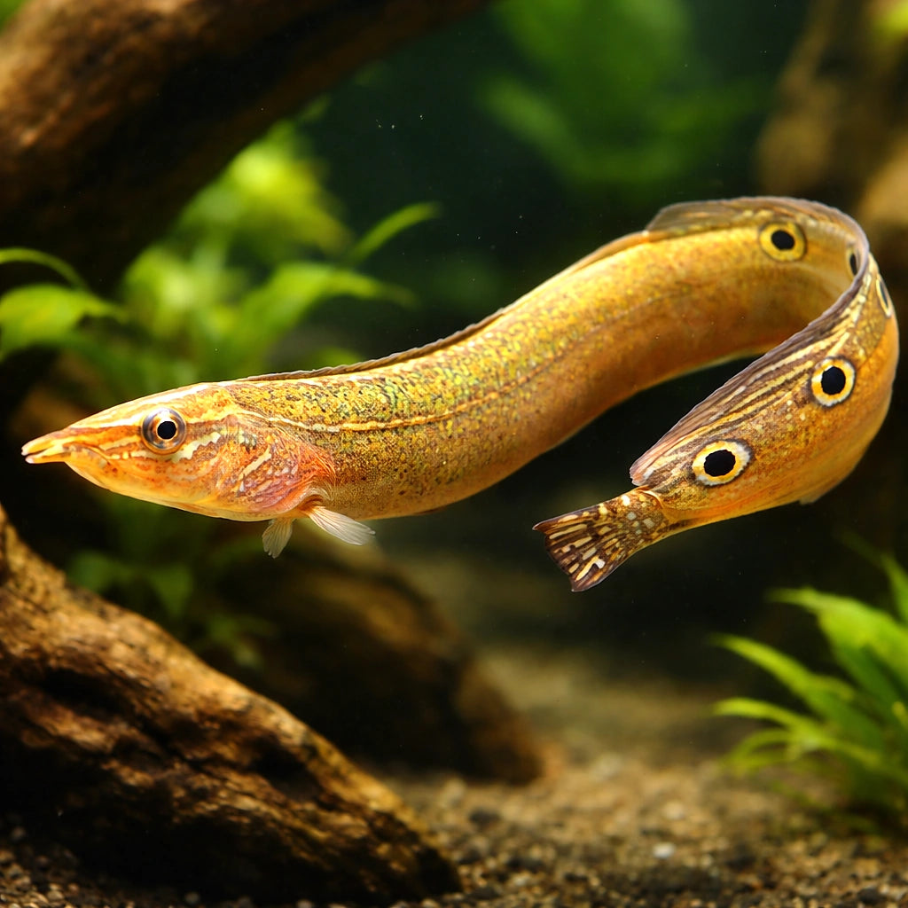 Peacock eel — tropical fish for sale UK — AI hero driftwood view