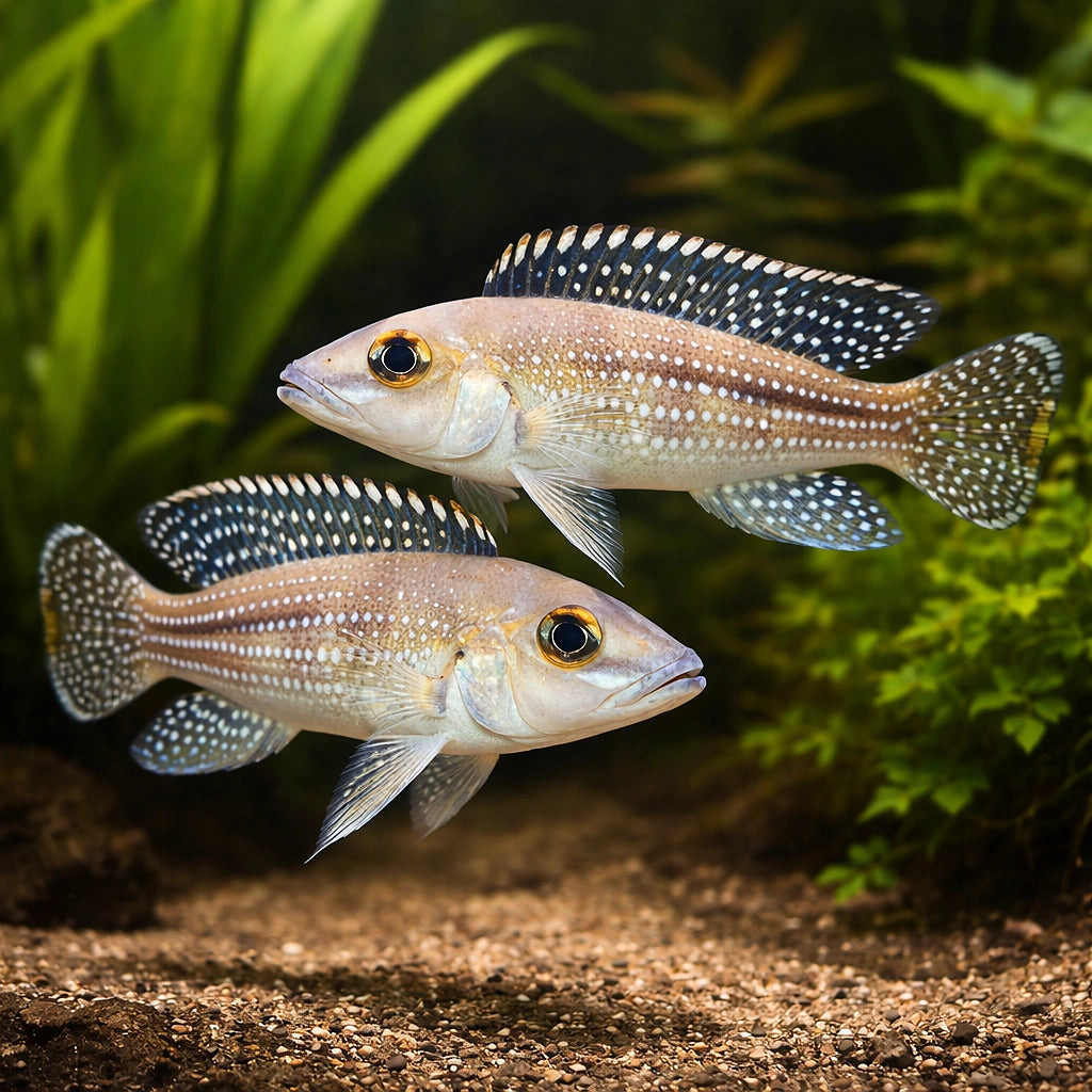 Pearl-Lined Lamprologus, Fourspined — tropical fish for sale UK — AI pair planted view