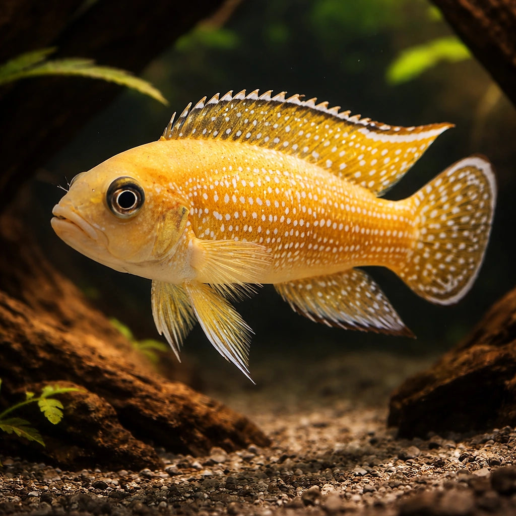 Pearl-Lined Lamprologus gold — tropical fish for sale UK — AI hero driftwood view