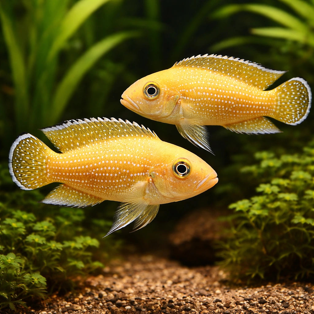 Pearl-Lined Lamprologus gold — tropical fish for sale UK — AI pair planted view