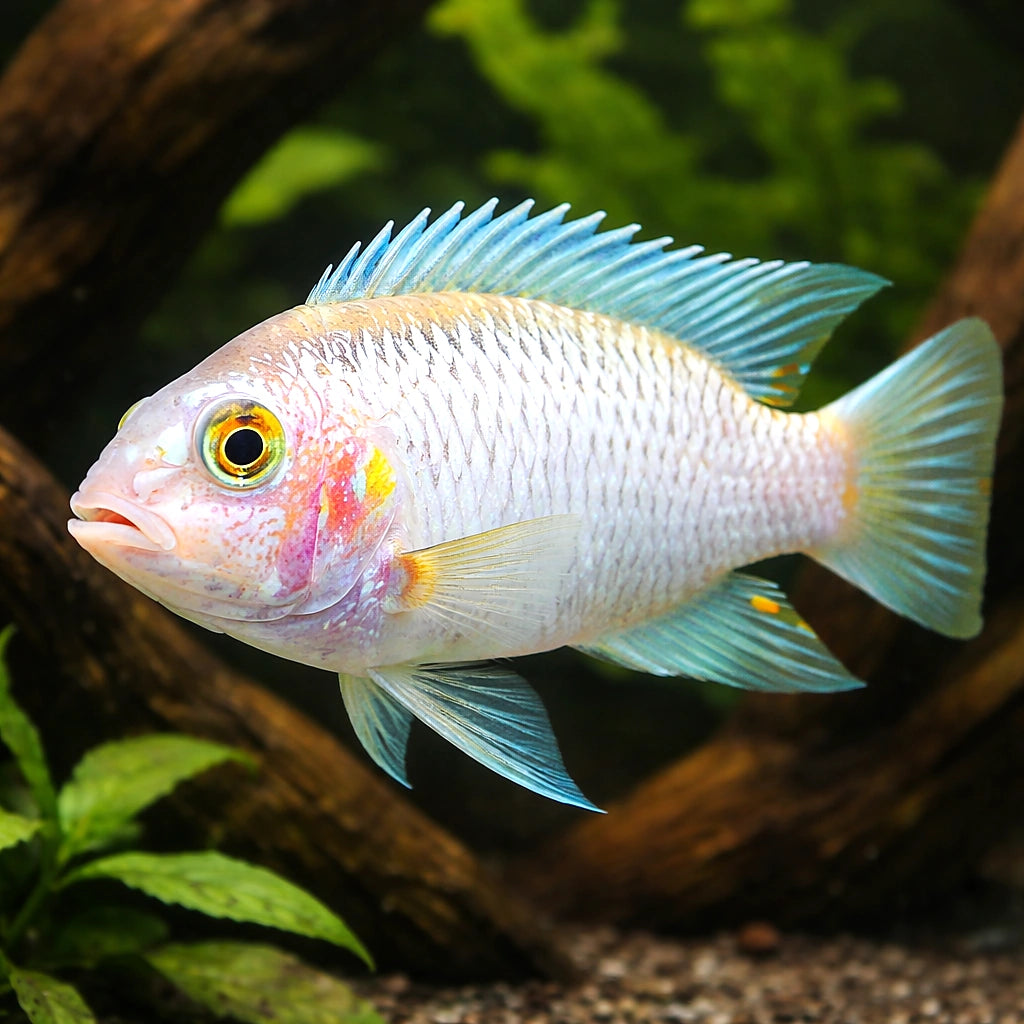Pearl white — tropical fish for sale UK — AI hero driftwood view