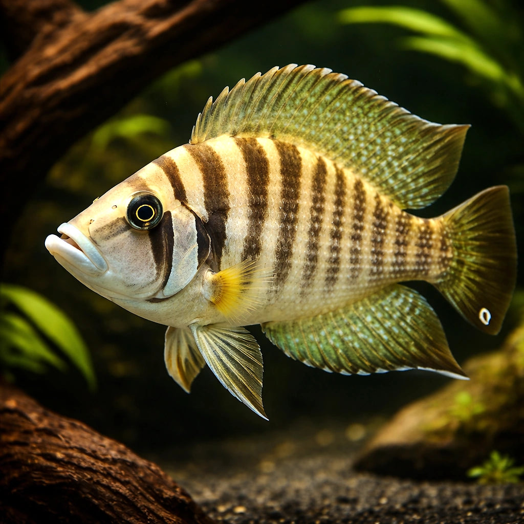 Pearly Compressiceps Gold — tropical fish for sale UK — AI hero driftwood view