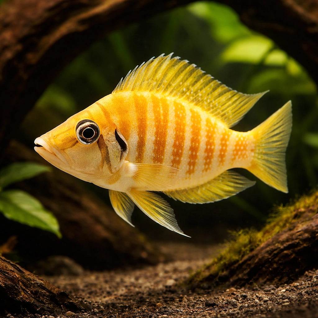 Pearly Compressiceps — tropical fish for sale UK — AI hero driftwood view