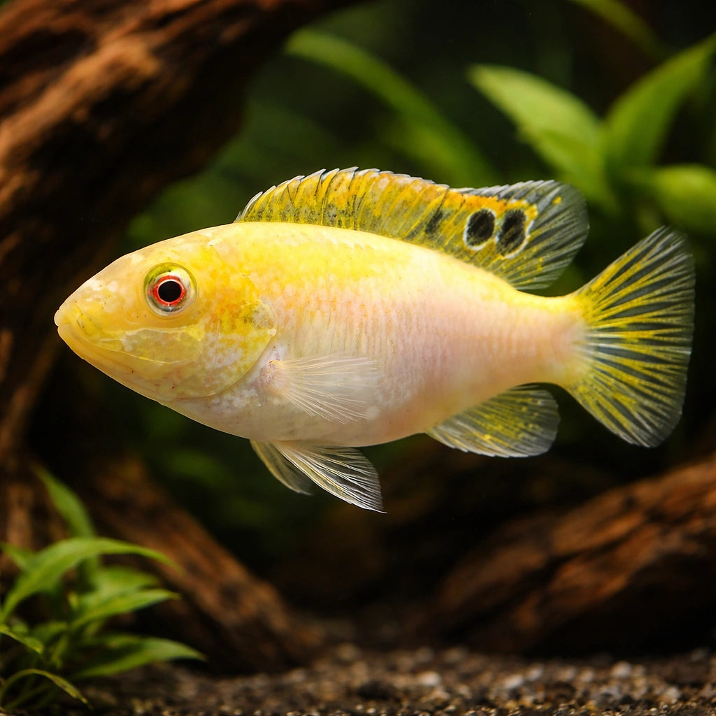 Pelvicachromis Pulcher Albin Fish for UK Aquarists — tropical fish for sale UK — AI hero driftwood view