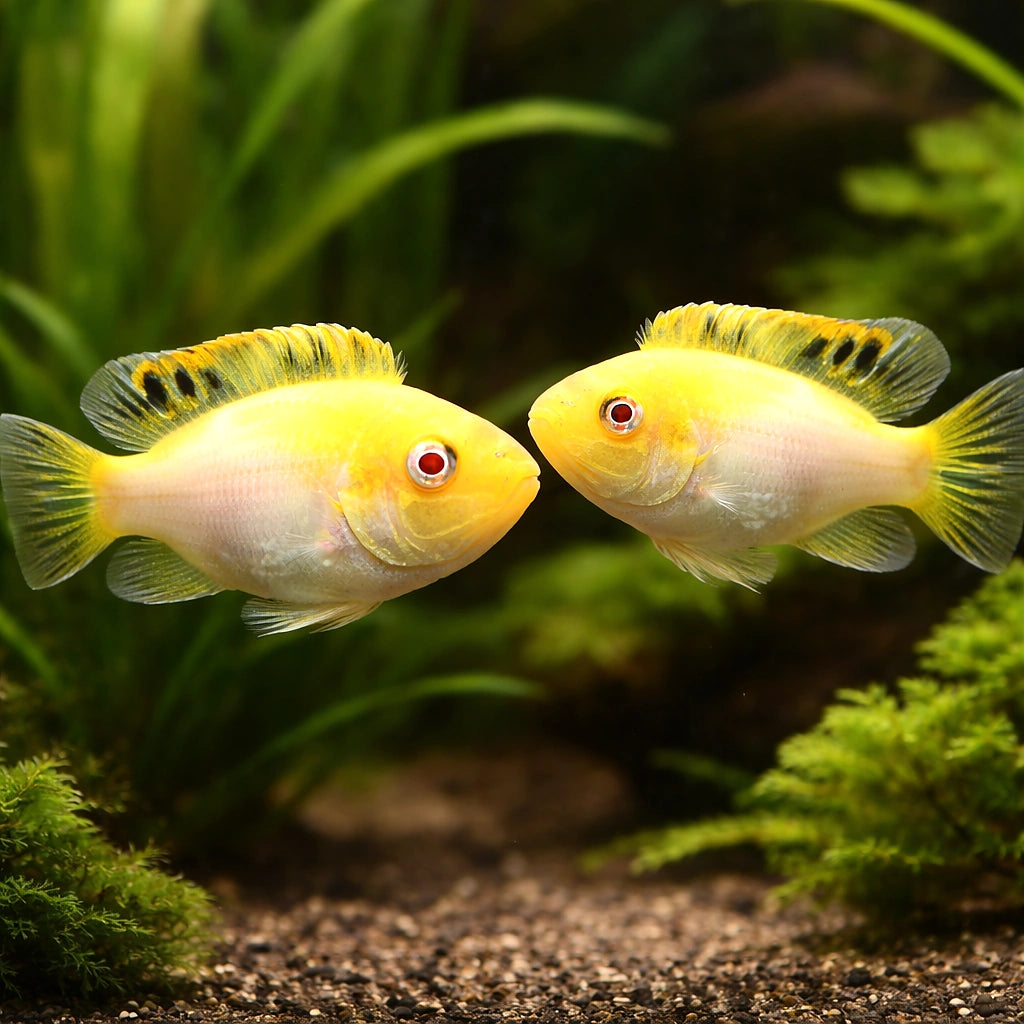 Pelvicachromis Pulcher Albin Fish for UK Aquarists — tropical fish for sale UK — AI pair planted view