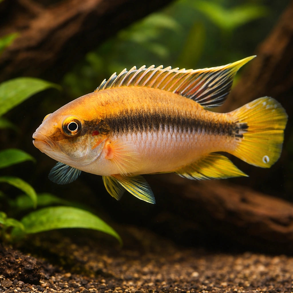 Pelvicachromis rolofi 3 - 4, — tropical fish for sale UK — AI hero driftwood view