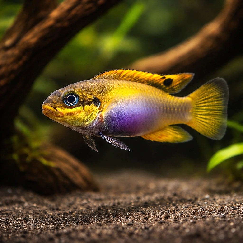 Pelvicachromis taeniatus Lobe — African Dwarf Cichlids for sale UK — AI hero driftwood view