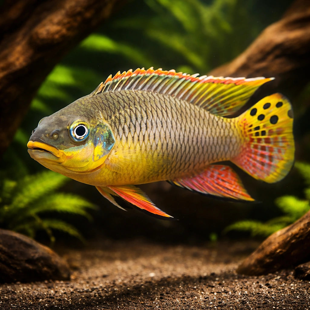 Pelvicachromis Taeniatus Dehane - Beautifully Coloured West African Dwarf Cichlid — AI hero driftwood view