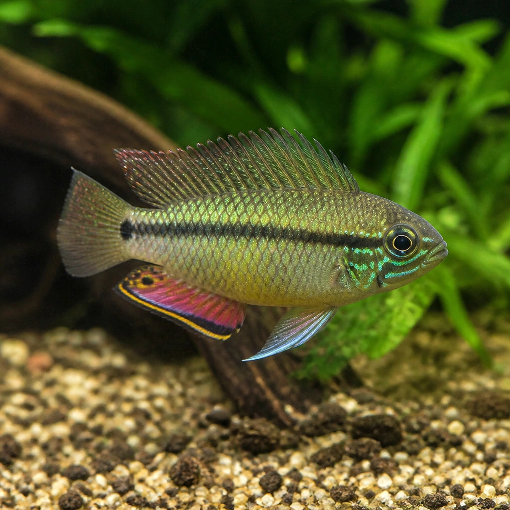 Pelvicachromis Taeniatus «Nigerian Red» - Striped Kribensis - African Cichlid, Thriving Tropical Fish with Vibrant Colors, Easy to Care for and Perfect Companions for Other Peaceful Species — for sale UK — AI natural aquarium view