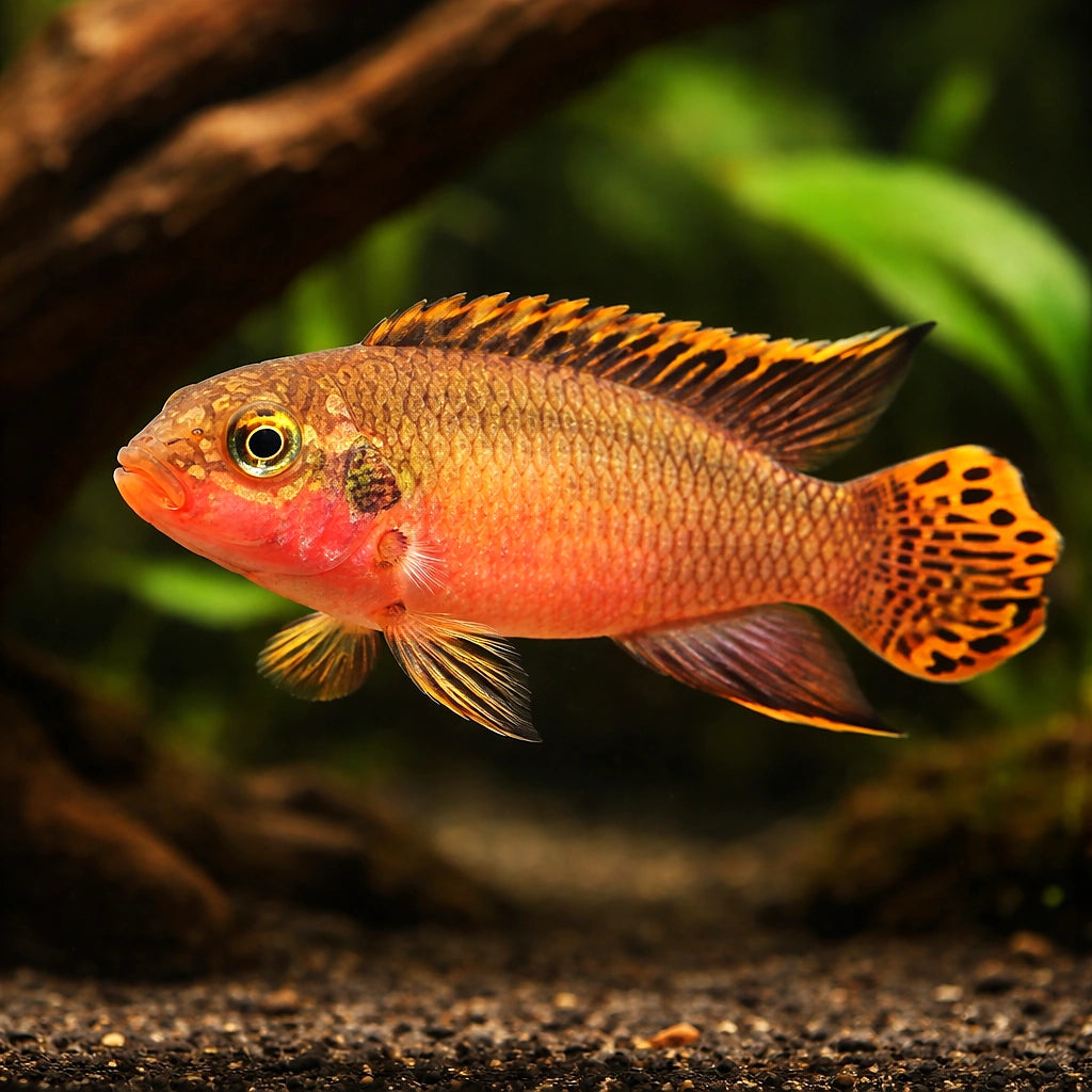 Niger. Red - Pelvicachromis taeniatus — AI hero driftwood view