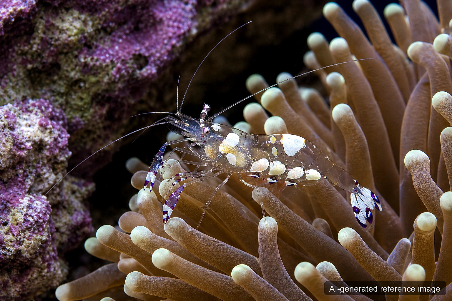 Periclimenes brevicarpalis Anemone Shrimp with transparent body and white saddle patches - AI-generated reference image