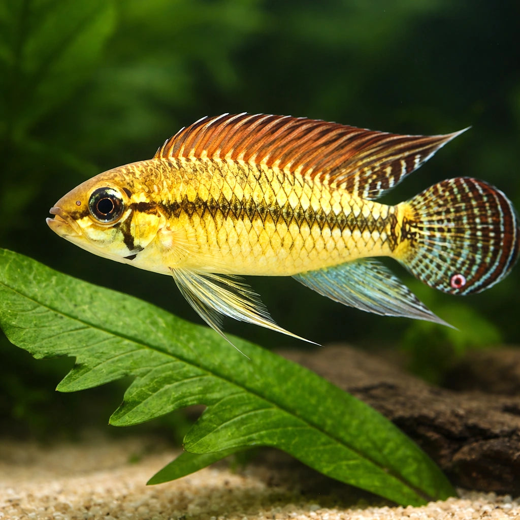 Pertensis Dwarf Cichlid yellow — tropical fish for sale UK — AI scale plant view