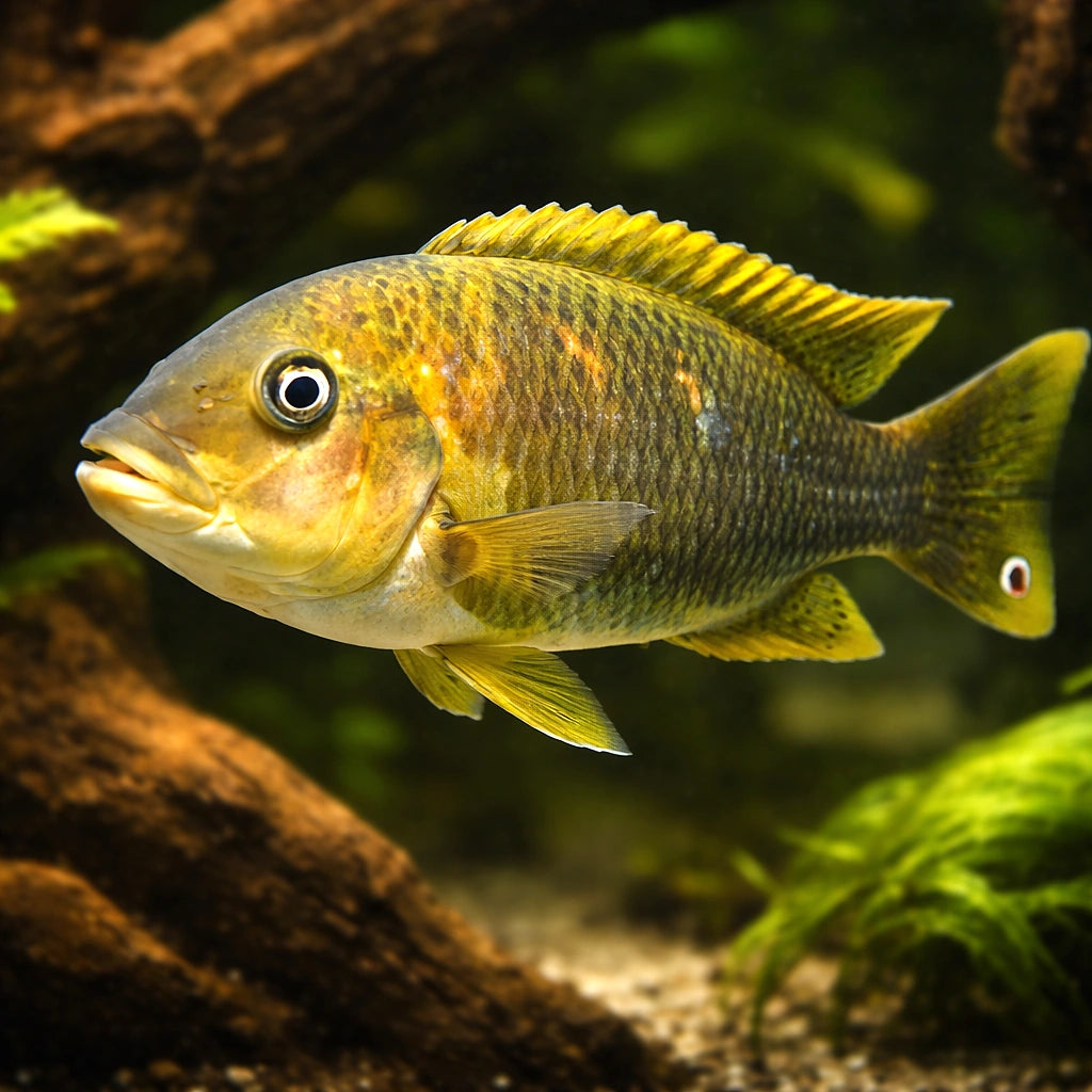Petrochromis famula 4,5 - 5, — tropical fish for sale UK — AI hero driftwood view