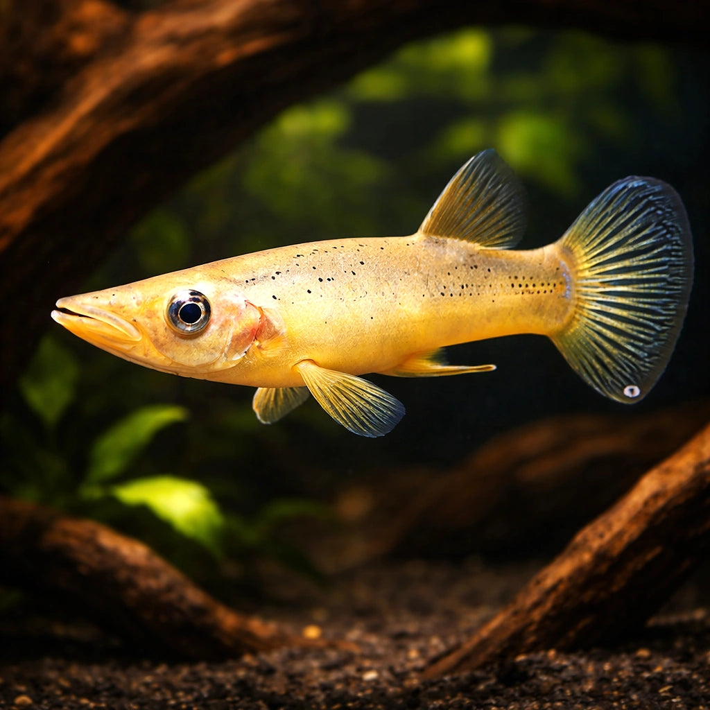 Pike Livebearer — tropical fish for sale UK — AI hero driftwood view