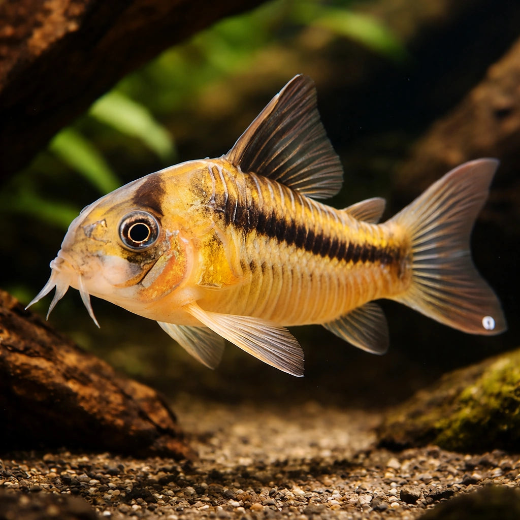 Pink Corydoras — tropical fish for sale UK — AI hero driftwood view