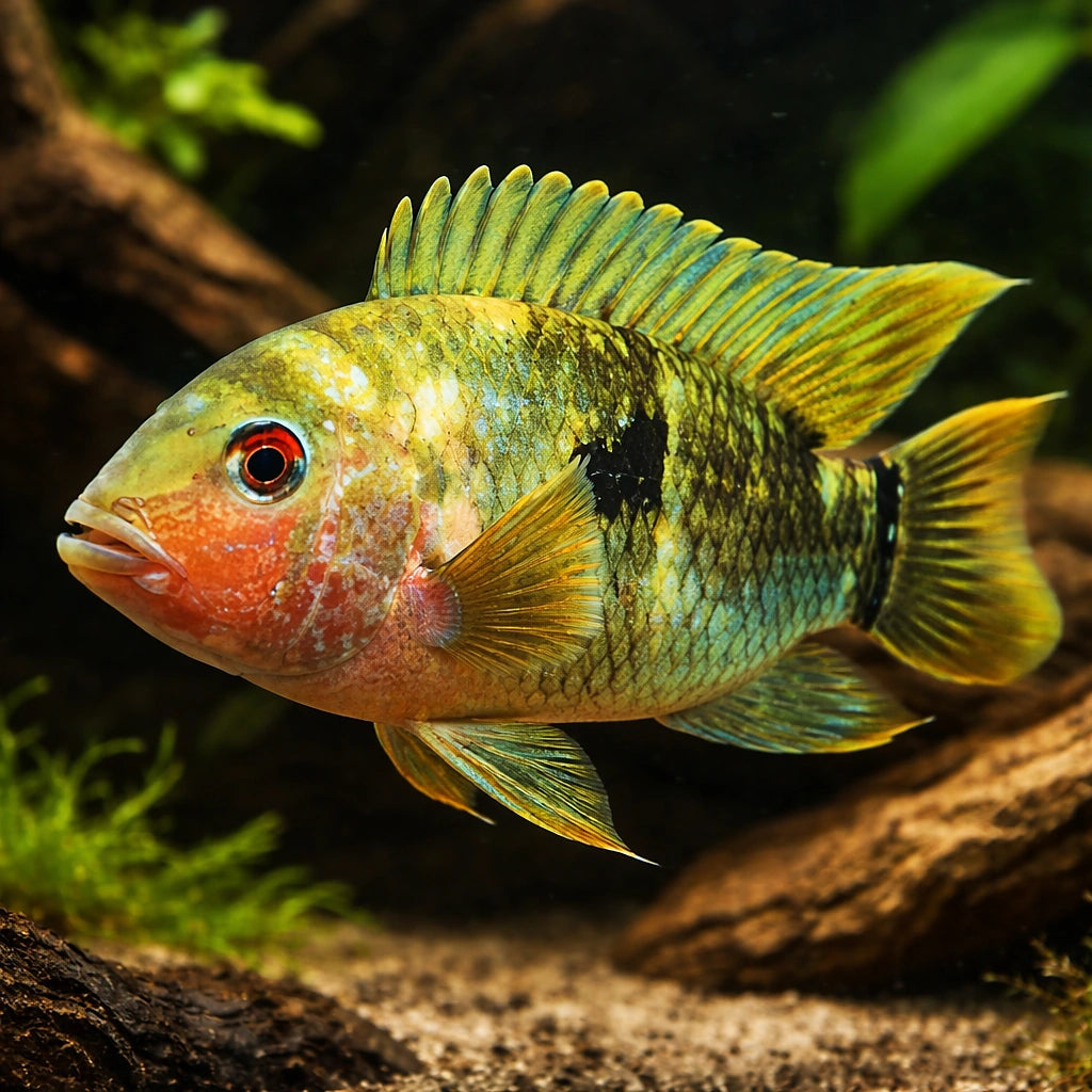 Pishuna Cichlid — tropical fish for sale UK — AI hero driftwood view