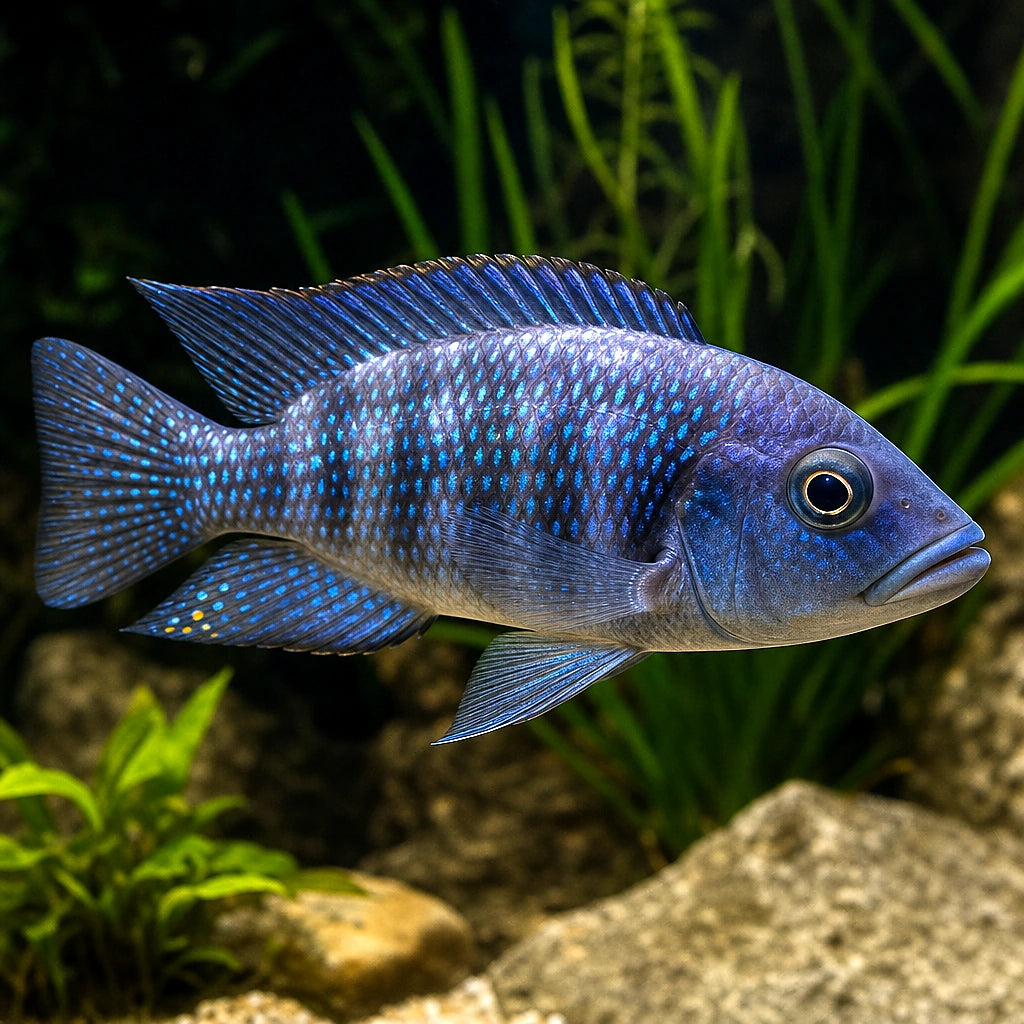 Star Sapphire Hap (Placidochromis Phenochilus) - Iridescent Blue-Spotted Haplochromine from Lake Malawi — AI natural aquarium view