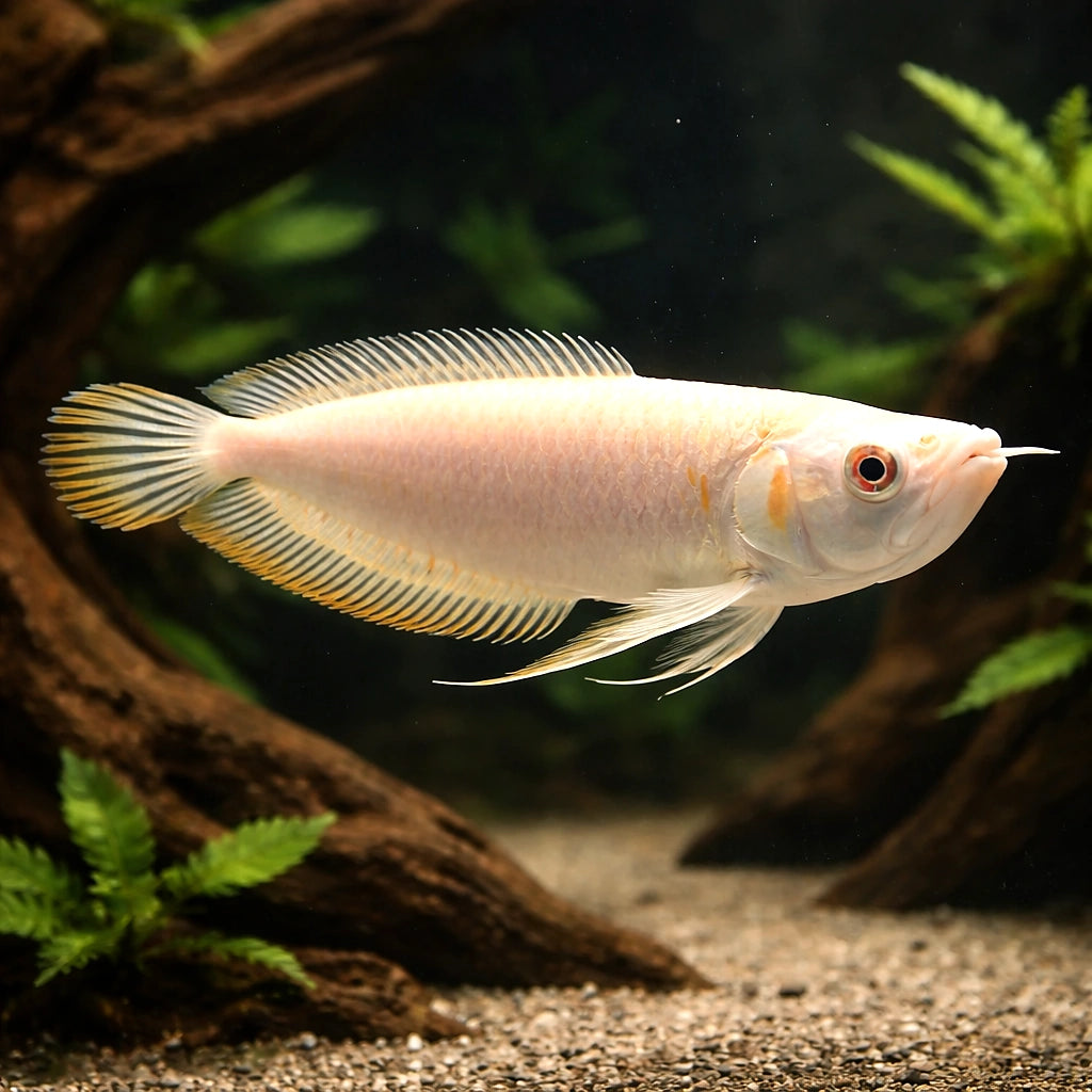 Platinum Arowana — Arowana for sale UK — AI hero driftwood view