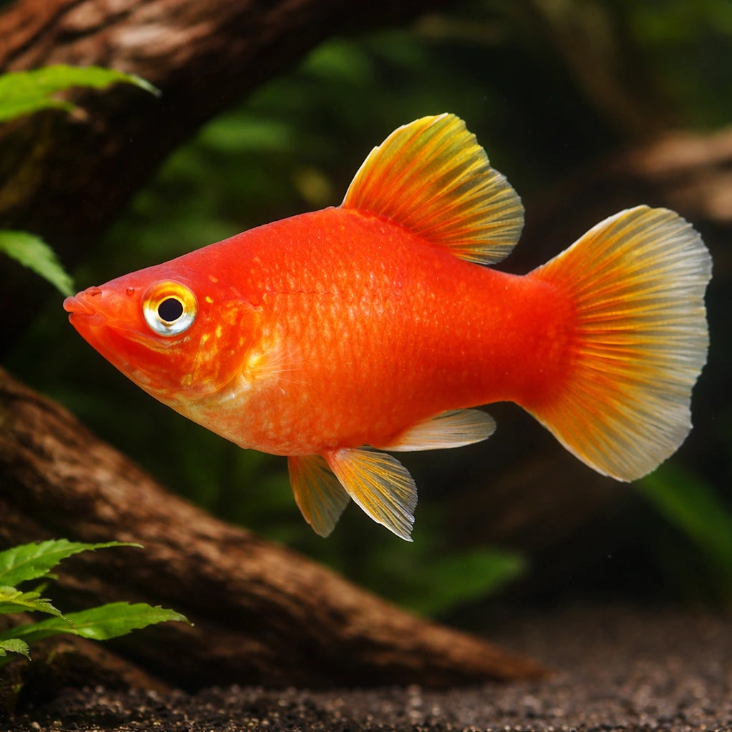 Platy Coral Red - Xiphophorus maculatus — AI hero driftwood view