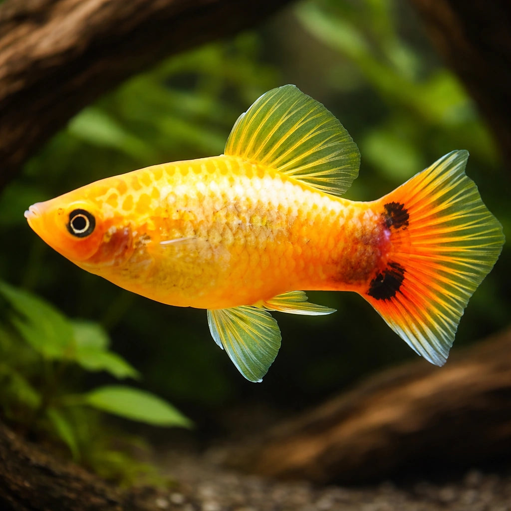 Platy Mickey Mouse - Xiphophorus maculatus — AI hero driftwood view