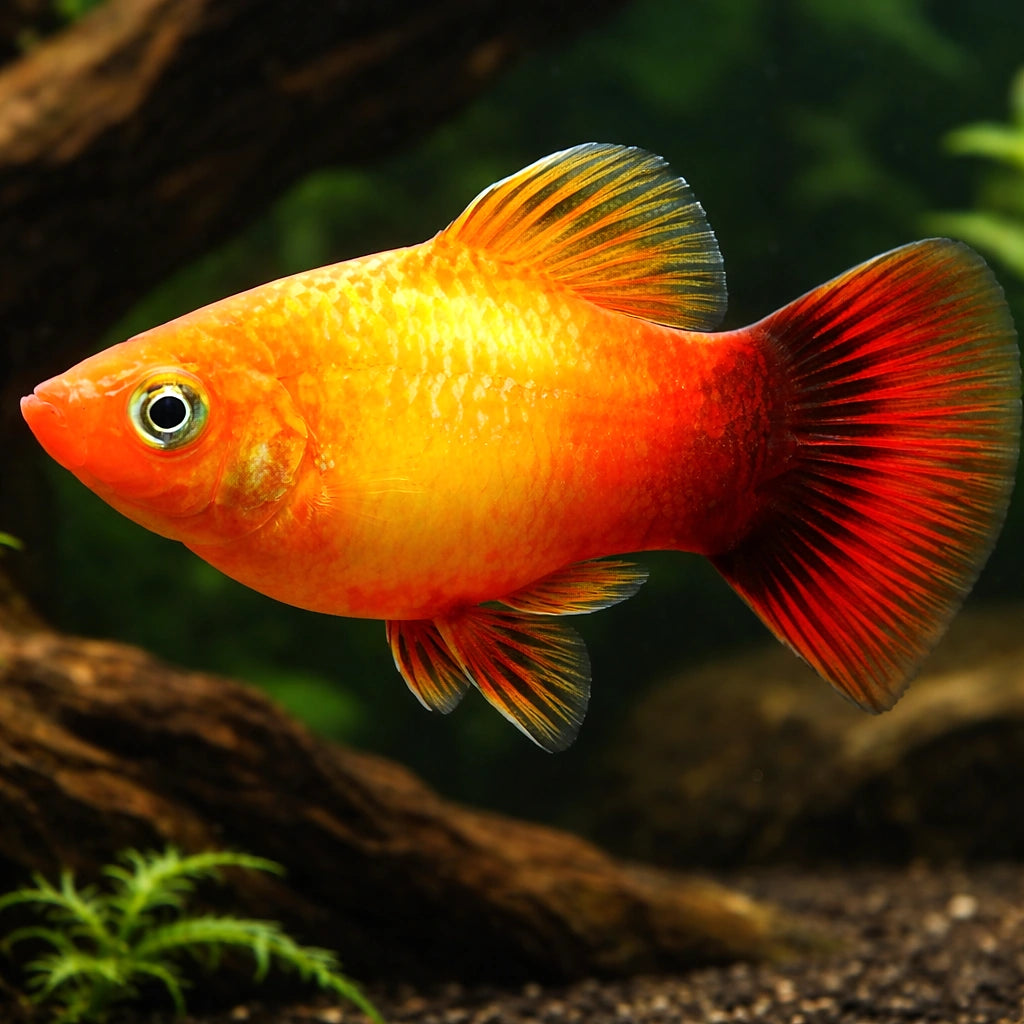 Platy Sun Set - Xiphophorus maculatus — AI hero driftwood view