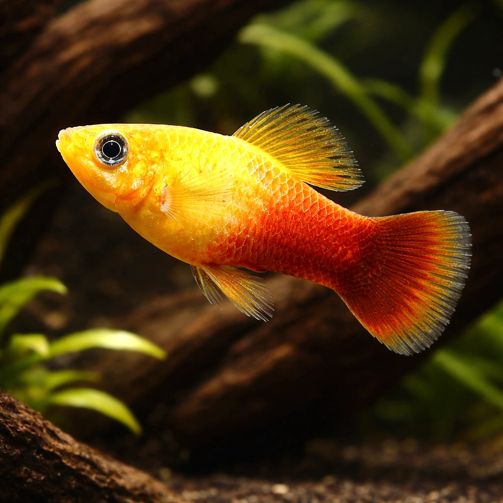 X Sunset Variegated Platies - Xiphophorus Variatus - Livebearer, Vibrant Freshwater Fish that Thrive in Community Settings, Easy Care for Beginners and Enthusiasts Alike, Perfect Companions for Peaceful Tanks — for sale UK — AI hero driftwood view