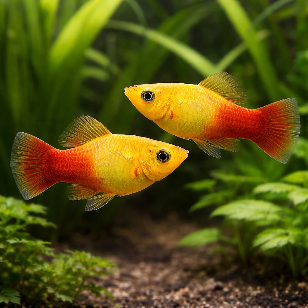 X Sunset Variegated Platies - Xiphophorus Variatus - Livebearer, Vibrant Freshwater Fish that Thrive in Community Settings, Easy Care for Beginners and Enthusiasts Alike, Perfect Companions for Peaceful Tanks — for sale UK — AI pair planted view