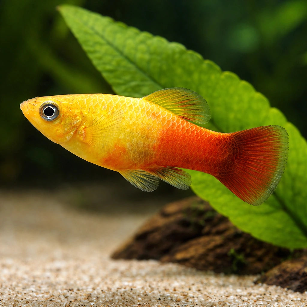 X Sunset Variegated Platies - Xiphophorus Variatus - Livebearer, Vibrant Freshwater Fish that Thrive in Community Settings, Easy Care for Beginners and Enthusiasts Alike, Perfect Companions for Peaceful Tanks — for sale UK — AI scale plant view